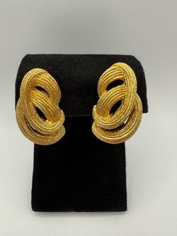 Vintage Monet Gold Tone Textured Twisted Love Knot Statement Earrings