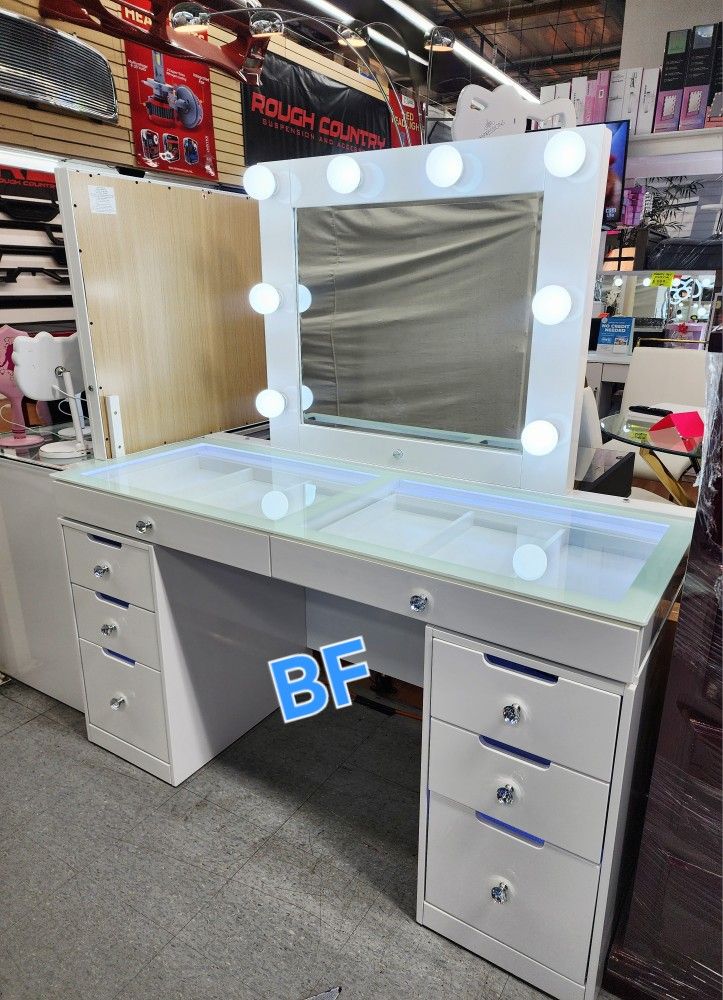 Vanity Set Desk And Mirror. White High Gloss Finish. LED Light In Desk Top. New Especial Price