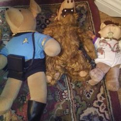 Spock Teddy Bear Doll,Alf ,And A Cabbage Patch Cat Doll
