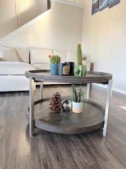 Round Two-Tier Wood and Metal Coffee Table