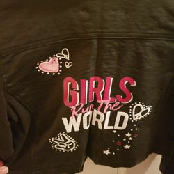 Kids Justice Heavy Jacket Size 12/14 "Girls Rule the World" Leather-like and Black fabric.