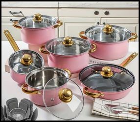 12 Pc Pink Cooking Pot Set