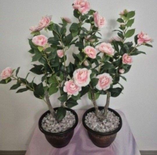 * NEW LOW PRICE * 3ft Faux Pink Camellia Tree Topped with Opalite / Clear Stones in 10" Resin Planter @ Lasting Creations