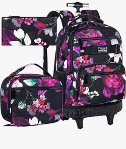 3PCS Girls Rolling Backpack with Wheels, Kids Roller Bookbag