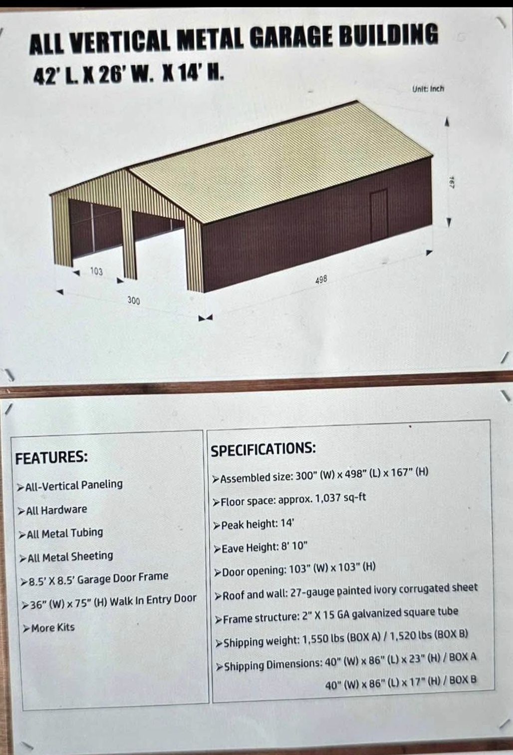 42x26 Vertical metal Garage