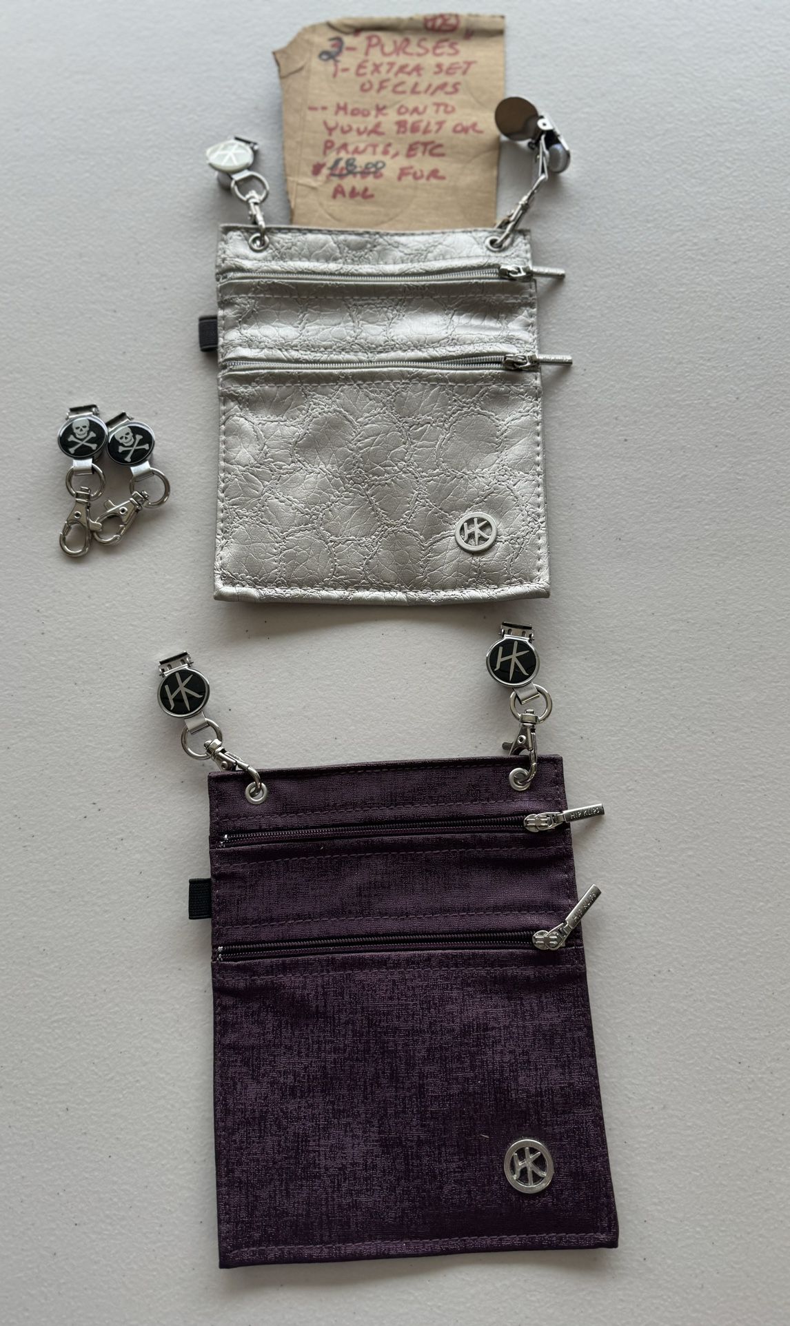 Hook on Belt, pants, etc Purple and Silver Purses (2) w/extra set of clips-$8 for all 