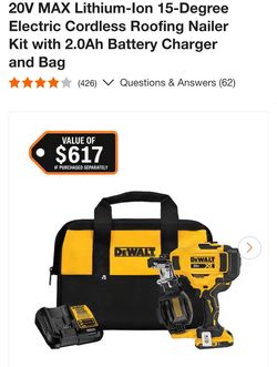 Dewalt 20V Max Lithium-Ion 15-Degree Electric Cordless Roofing Nailer Kit w/ Battery Charger and Bag
