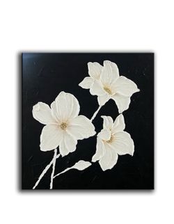 YaSheng Art 24x24in Black & White Floral Oil Painting on Canvas, Hand-Painted Thick Texture 3D Art