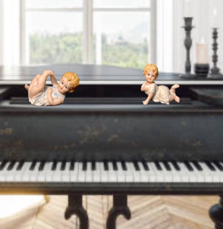 Andrea By Sadek Japan 1980s Bisque Porcelain Piano Babies Pair, 5x4.5”