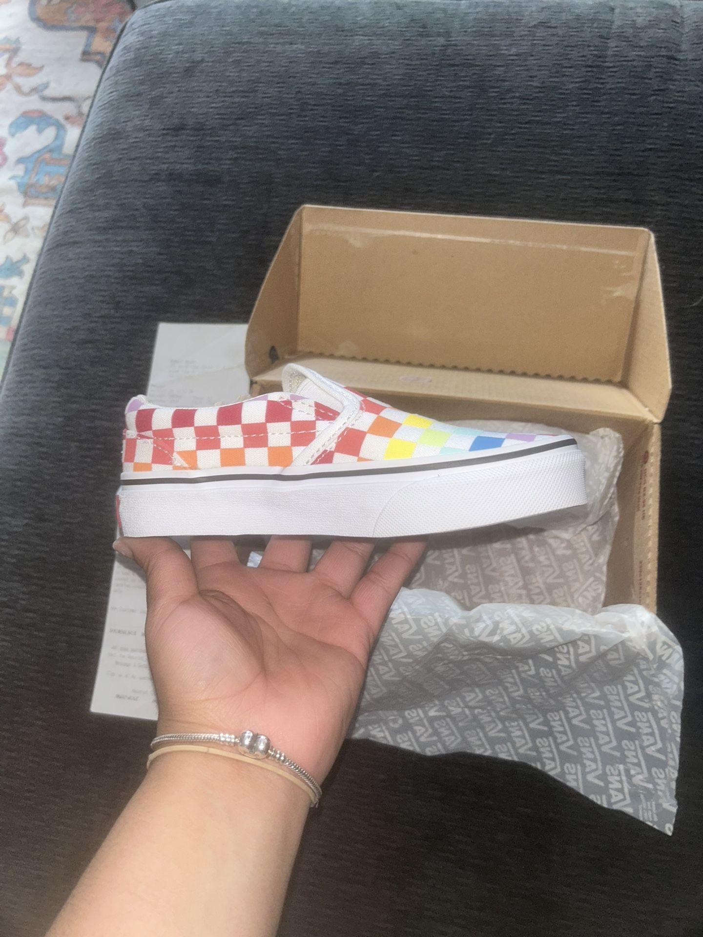 Checkerboard Rainbow White slip on Size 12