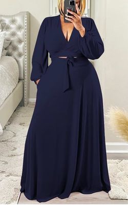Classic Navy Long Skirt with Wrap Top - Women's Two-Piece Set 3XL