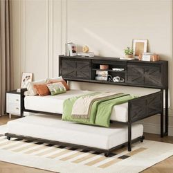 Daybed with Trundle Bed, Sofa Bed Twin with Charging Station, with Storage Headboard & Strong Support, for Living Room, Bedroom and Guest Room, Charco