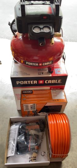 COMPRESSOR PORTER CABLE 6 GALLON 150PSI- 3/8IN PLGx 100 Ft-RIGHT 1-3/4in Roofing coil Nailer 44.5mm (3) years RIDGID-