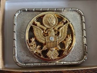 vintage rectangular metal belt buckle featuring a raised 3D gold-tone Great Seal of the United States (or U.S. Presidential/Army style eagle) emblem s