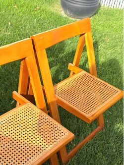 Set of 2 Mid Century Rattan and Wood Folding Chairs