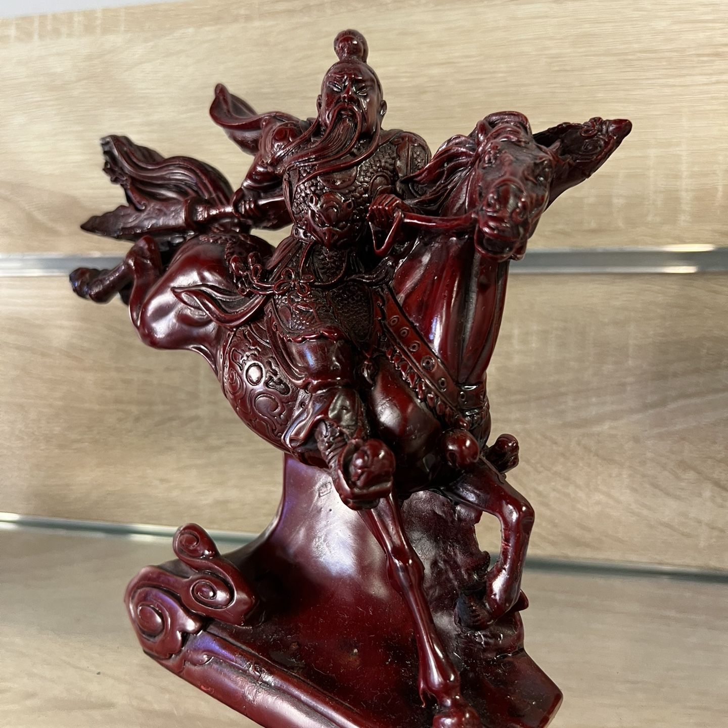Red Resin Japanese Samurai Warrior on Horse Statue for Sale