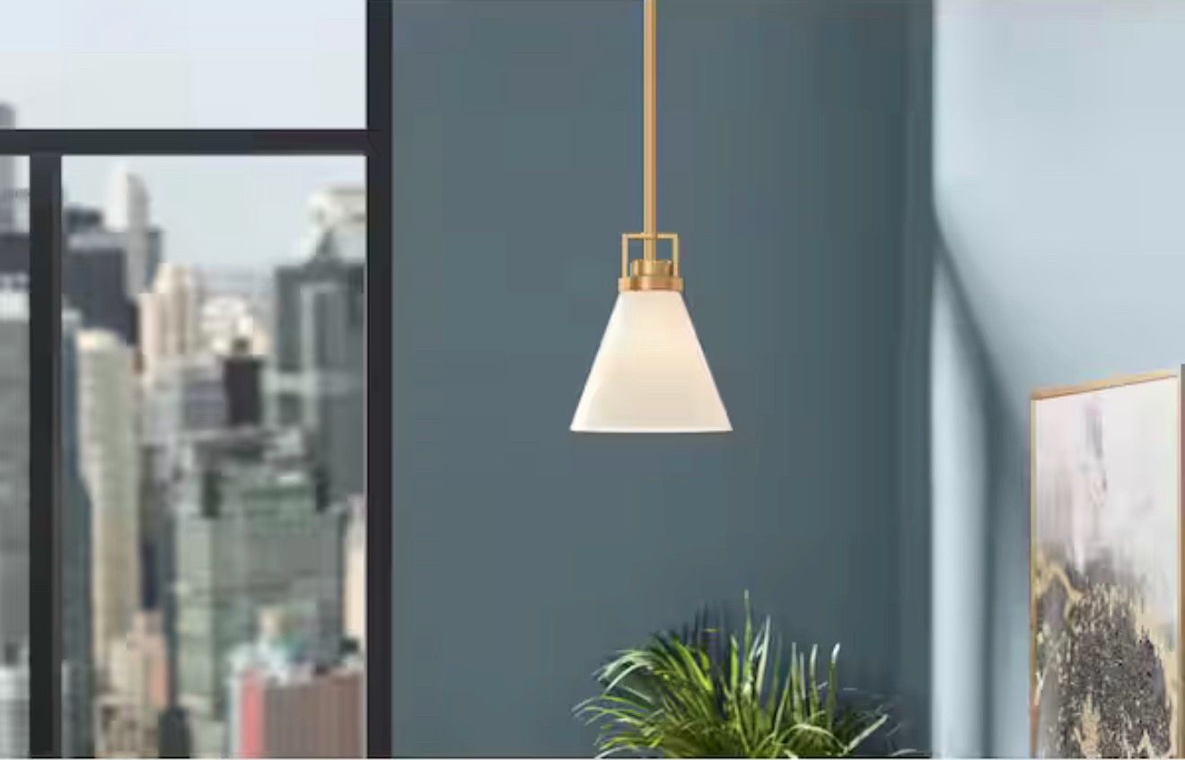 Clermont 1-Light Satin Brass Shaded Pendant Light with Milk Glass Shade