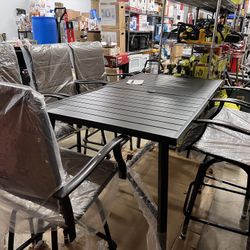 Black 7-Piece Metal Rectangle Outdoor Patio Bar Set with Wood-Look Bar Table and Padded Swivel Bistro Chairs Price-650$