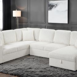 Cream Sofa Sectional w/ Pull- Out Sleeper & Storage Chaise 