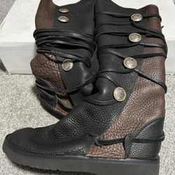 Men’s 16” Calf Length Leather Boots-Brown/charcoal Color