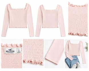 Hollister Women’s Smocked Long Sleeve Top Size L Light Pink Lettuce Trim
