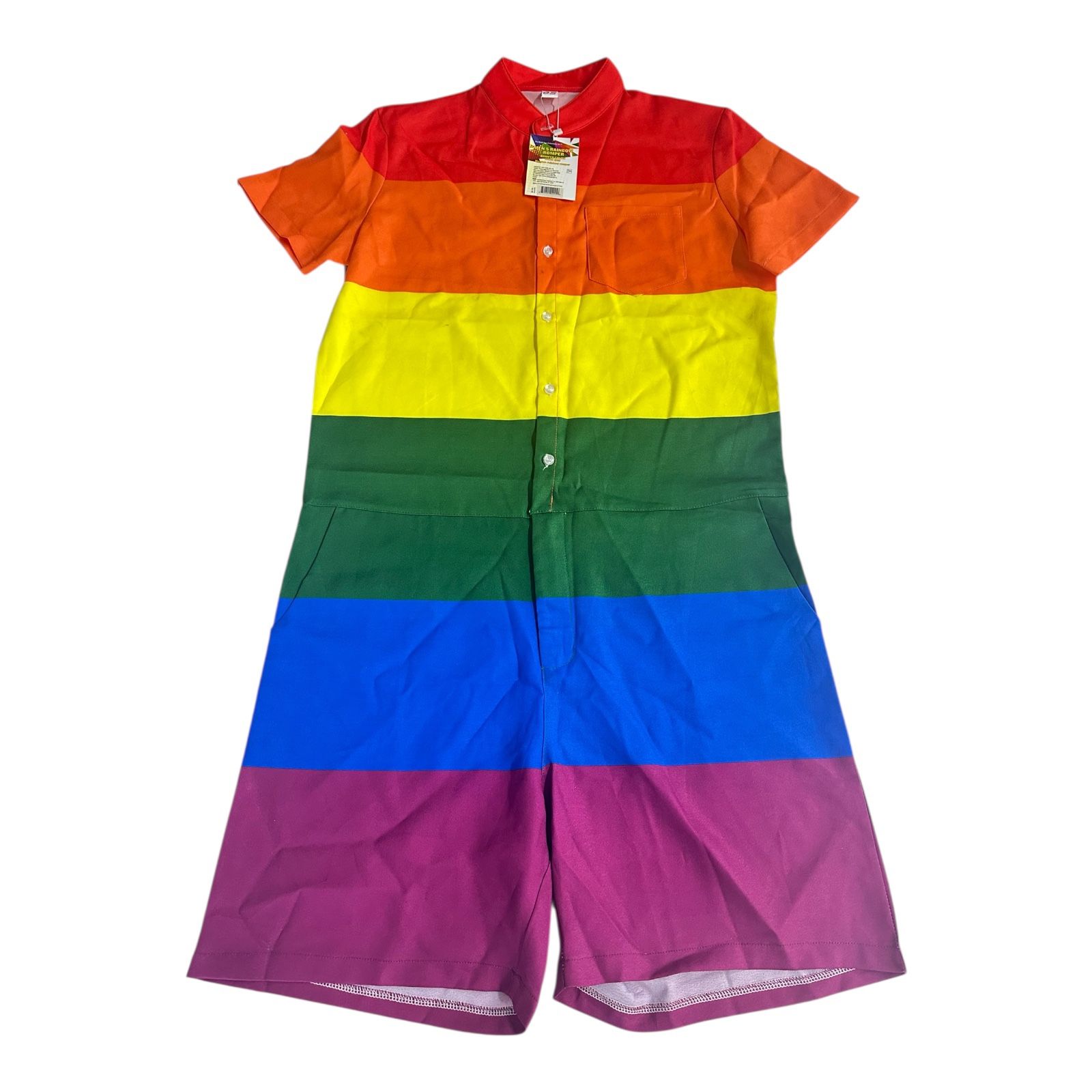 Mardi Gras Mens One-Piece Rainbow Jumpsuit Romper Short Sleeve Zipper Bodysuit