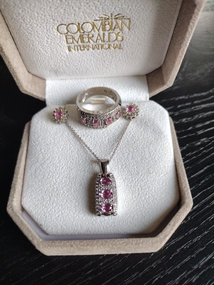 14K  WHITE GOLD PINK STONE & DIAMOND SET