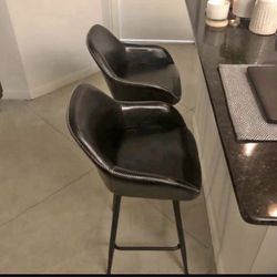 SET OF 2 Black Faux Leather Bucket Stools 25” Counter Height Kitchen Chairs High Back Black Bar Stools Chairs Counter Height Stools New