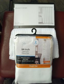 New White shower curtain & new set (2) white curtains.