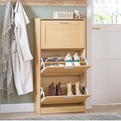 Natural Shoe Storage Cabinet with 3 Flip-Drawers Fully Enclosed Shoe Rack Cabinet Freestanding Shoe Cabinet Organizer(9.1" D x 23.4" W x 45.2" H)