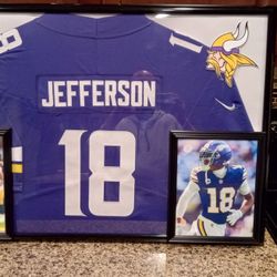 JUSTIN JEFFERSON, OF THE MINNESOTA VIKINGS, CUSTOM STITCHED, BRANDED AND AUTHENTIC FRAMED JERSEY.