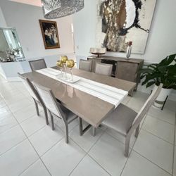 Elegant 9-piece wood dinning set, extendable table, 6 chair & matching buffet(console). Gray-beige
