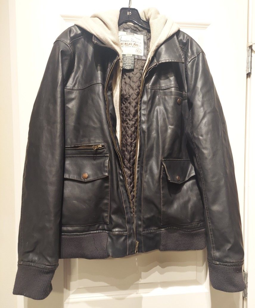 AMERICAN RAG BLACK LEATHER JACKET WITH/BUILT IN HOODIE ( SIZE XLARGE )