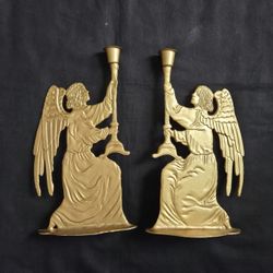 Vintage Brass Plated Kneeling Angel Candle Holder 12” Dbl Sided Lot Of 2