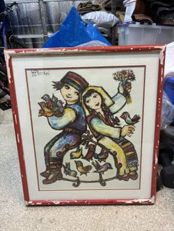 Framed Lithograph Boy and Girl Sitting on a Bird Cage signed by Jovan Obican