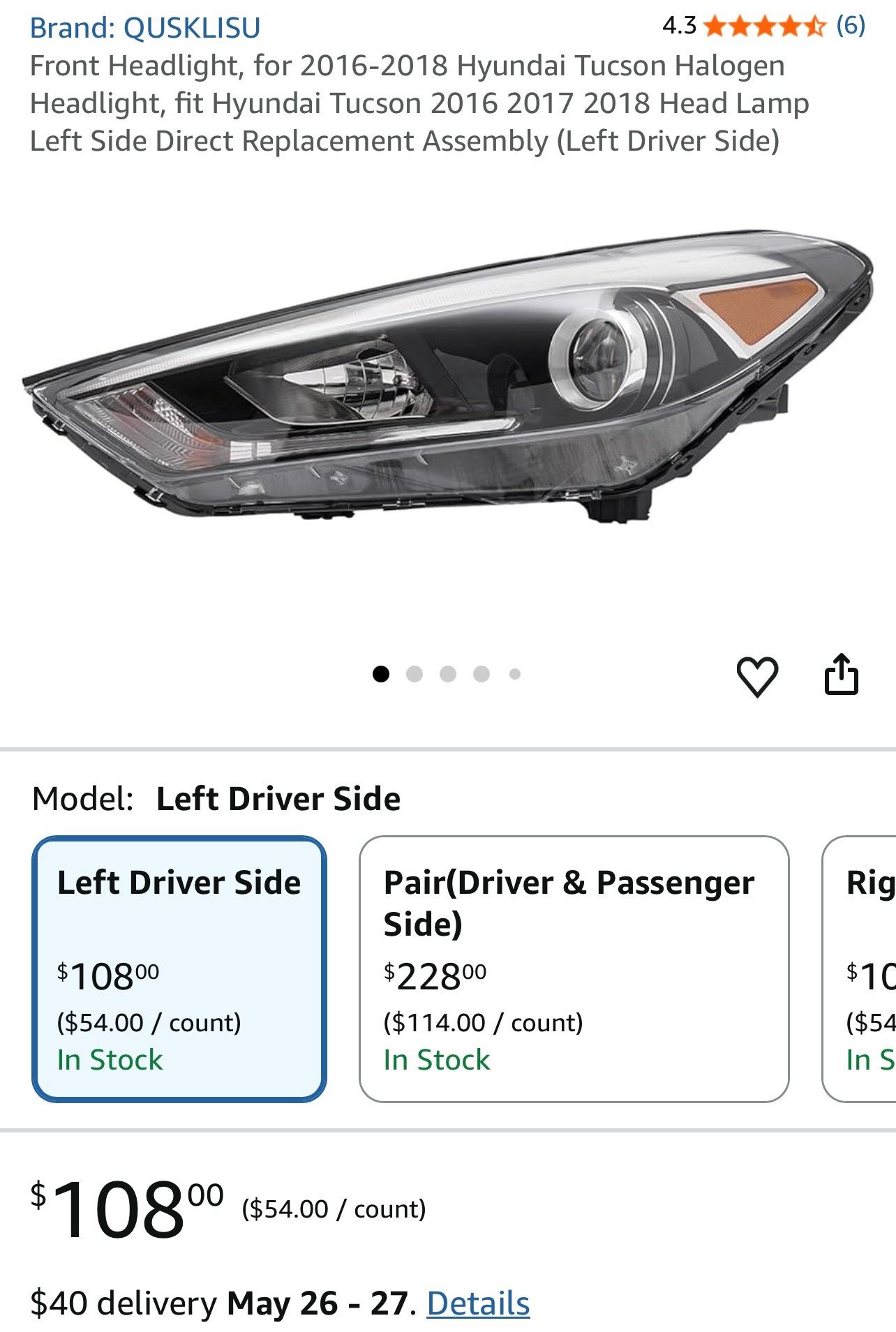 Front Headlight, for 2016-2018 Hyundai Tucson Halogen Headlight, fit Hyundai Tucson 2016 2017 2018 Head Lamp Left Side Direct Replacement Assembly (Le