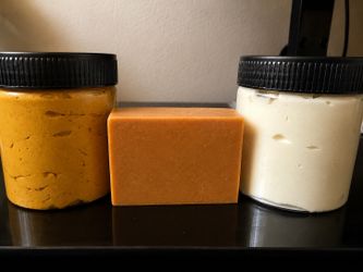 3 item bundle one 8 oz turmeric face mask,one bar of turmeric soap plus 8 oz jar of body butter