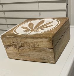 Wooden Cannabis Stash Box – Rustic Marijuana Leaf Keepsake Box