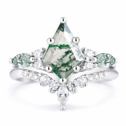 .925 Silver Green Moss Agate Ring Set