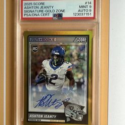 2025 Score Ashton Jeanty Rookie Card with signature. 12/50 mint 9