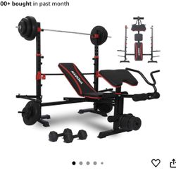 Olympic Weight Bench Set with Leg Extension/Curl and Preacher Curl + Weights+Treadmill and Mats