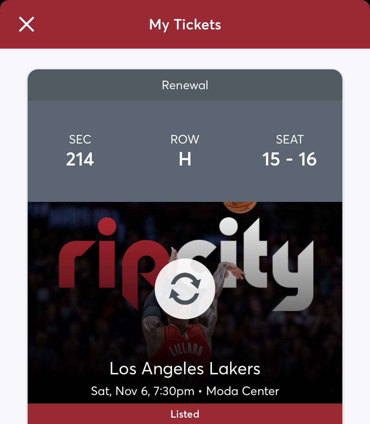 2 Tickets In Club Level, Blazers Vs LAKERS, Saturday 11/06 @ 7:30 PM, with $60 in credit