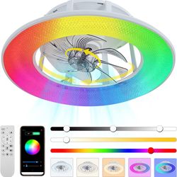22"" Bladeless Ceiling Fan with RGB Color Changing Lights, Low Profile Quite 360°Oscillating Design Flush Mount Ceiling Fan, Remote and APP Control f
