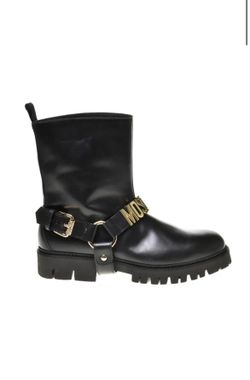 Moschino men’s logo black leather gold metal harness pull on biker boot 44 