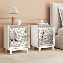 Mirrored Nightstands Glass Silver 18"L x 11.8"W x 22"H Set of 2 