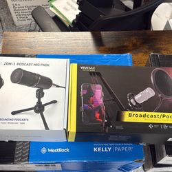 Podcast Set Up All Four Mics,  Arms And Head Set