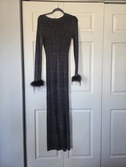 Black Shimmer Stretch Mesh Maxi Dress with Faux-Fur Cuffs