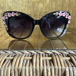 Womens Metal Flower Foliage Jewel Brow Trim Oversize Cat Eye Sunglasses