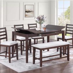 Counter Height Dining Table Set Includes 4 Chairs, One Bench, And Lift Top Storage Table 