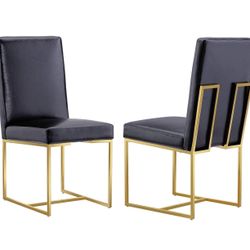 AUZ Dining Chairs, Black and Gold Faux Leather Upholstered Dining Room Chairs with Polished Stainless Steel Legs, Set of 2